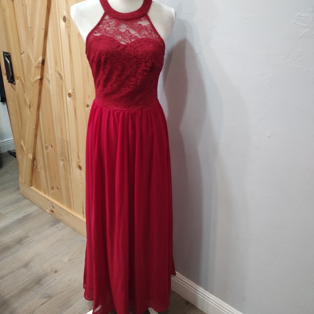 Red Lace Halter Neck Maxi Dress Formal‎ Evening Gown Prom Bridesmaid Red